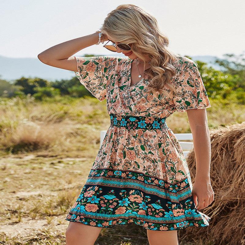 Women Summer Bohemian Print Dress Ladies V - Neck Beach Dress - Amazitshop